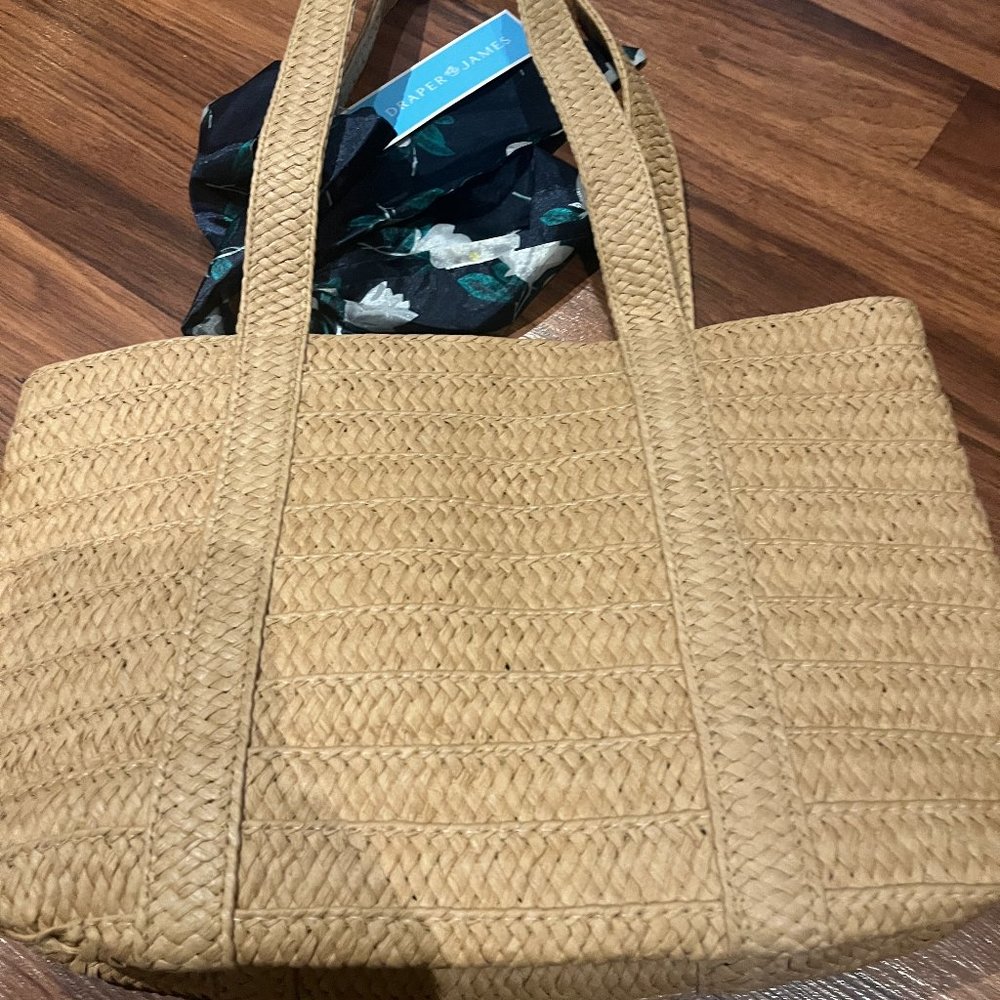 Draper James straw bag with a blue floral tie
